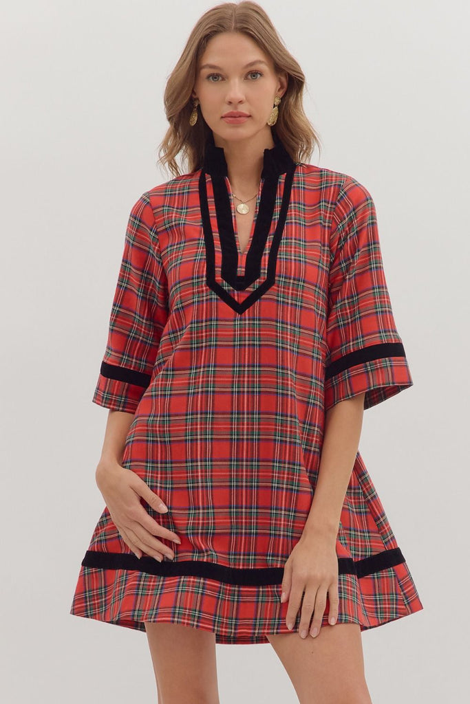 Holiday Cheer Plaid Mini Dress-Red
