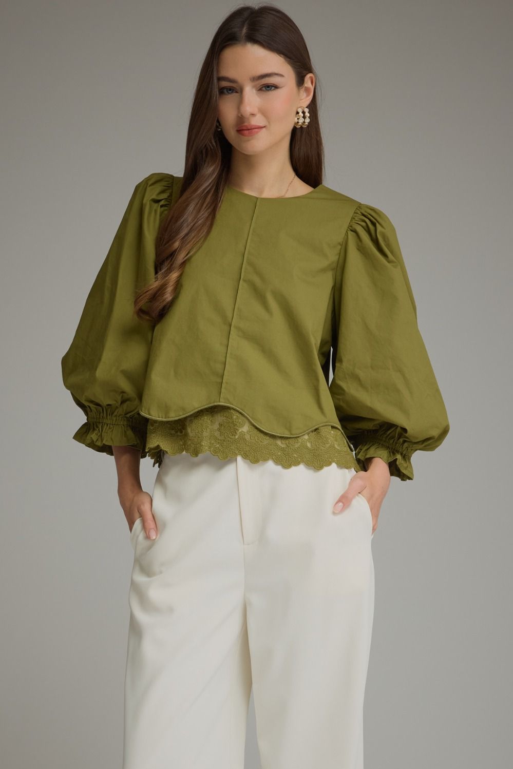 La Belle Puff Sleeve Top-Martini Olive