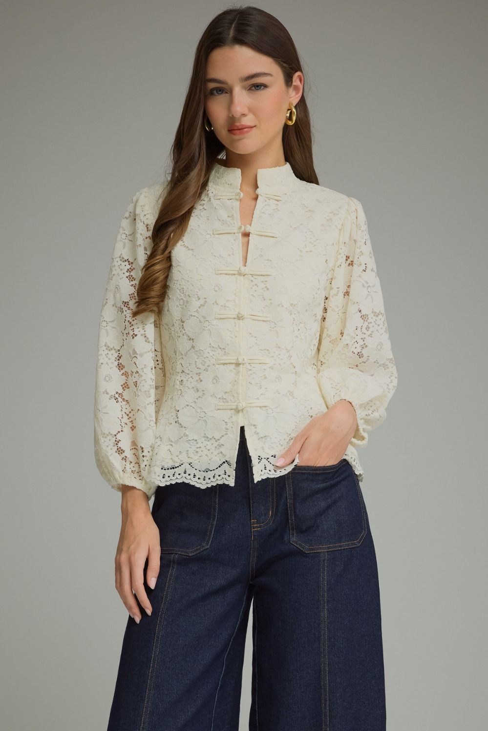 The Mandarin Lace Top-Cream