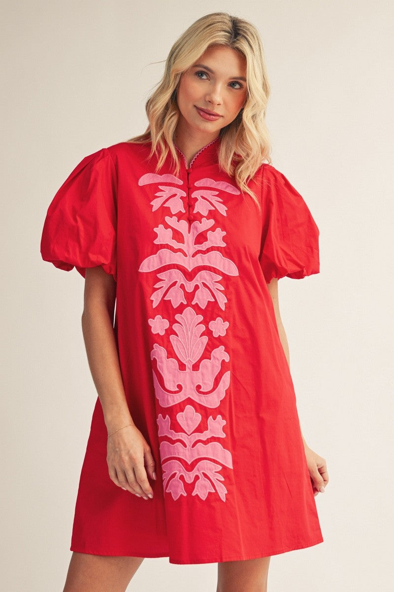 Floral Majesty Shift Mini Dress-Red
