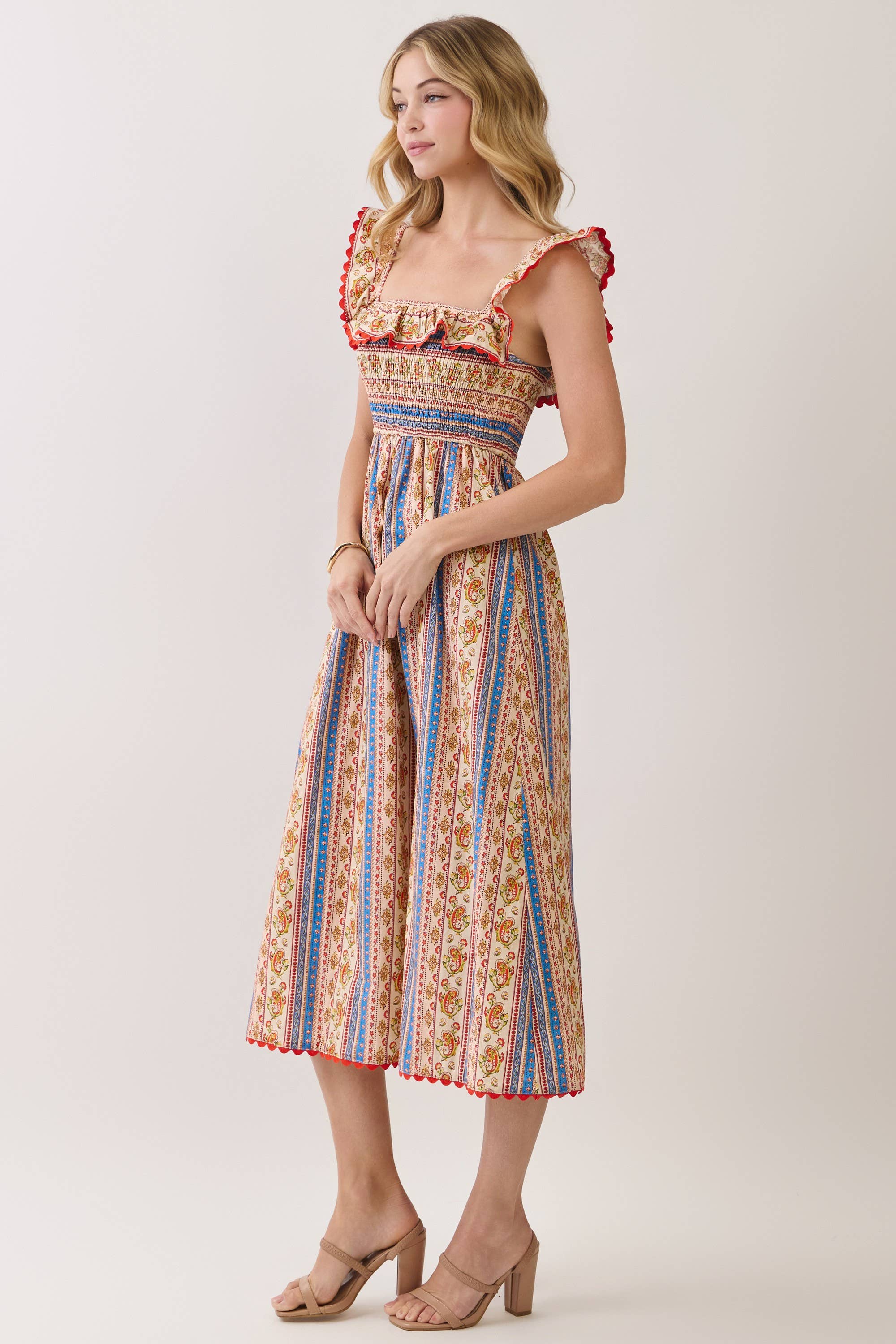 Paisley Stripe Smocked Midi Dress