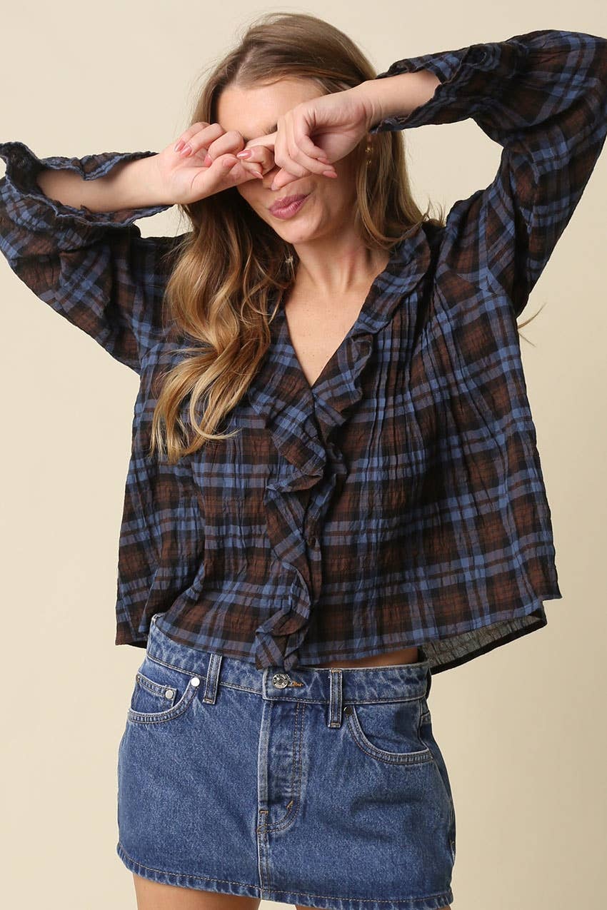 Lena Ruffle Plaid Blouse Top