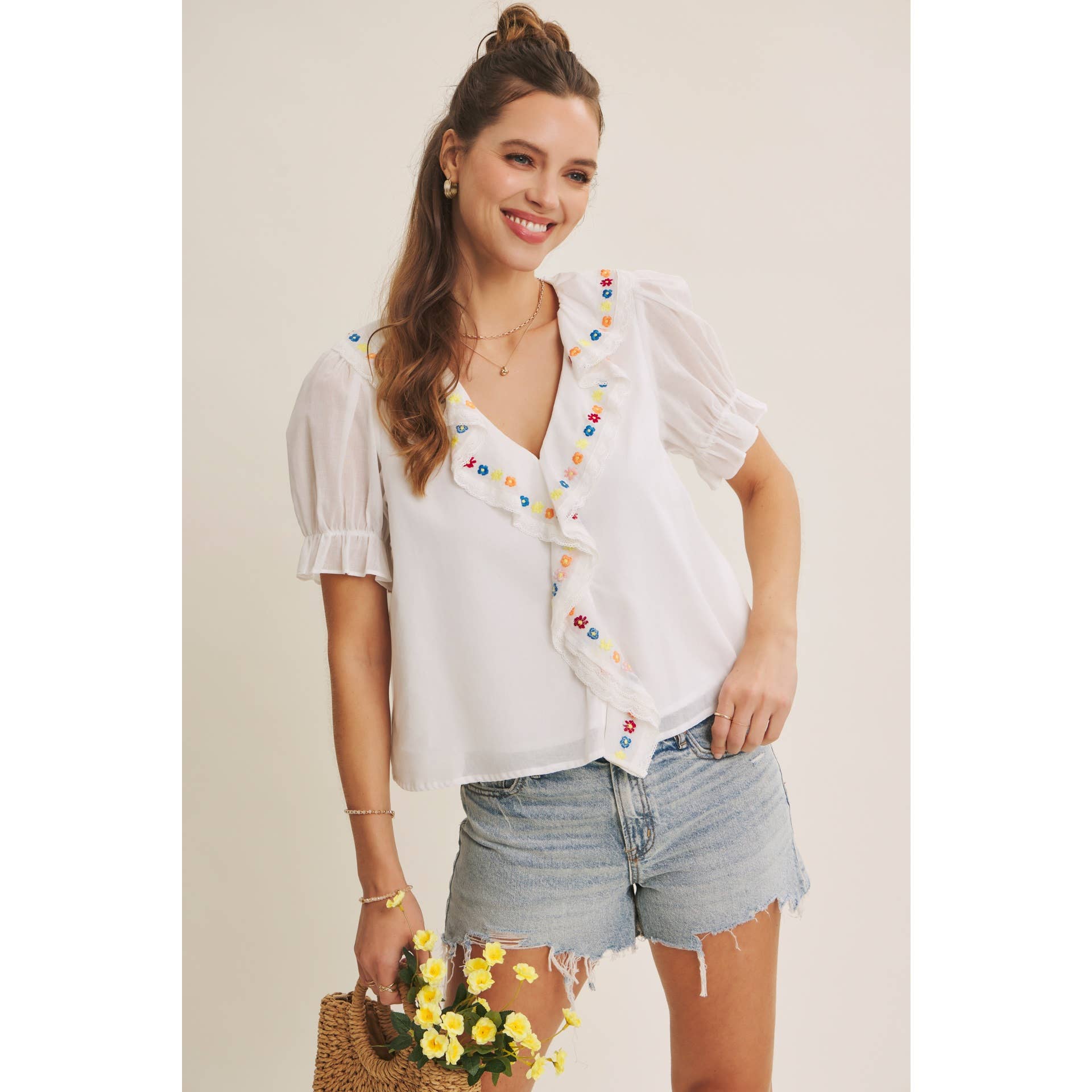 Steps Beach Embroidered Ruffle Top