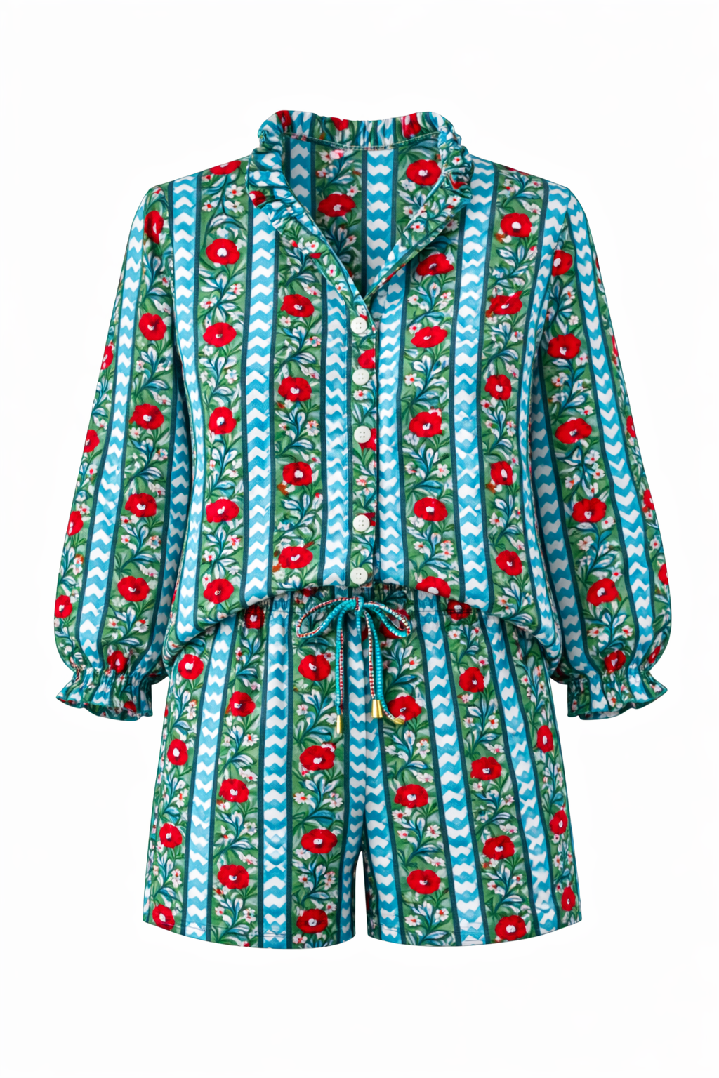 Modern Bloom Ruffle Top-Red/Blue