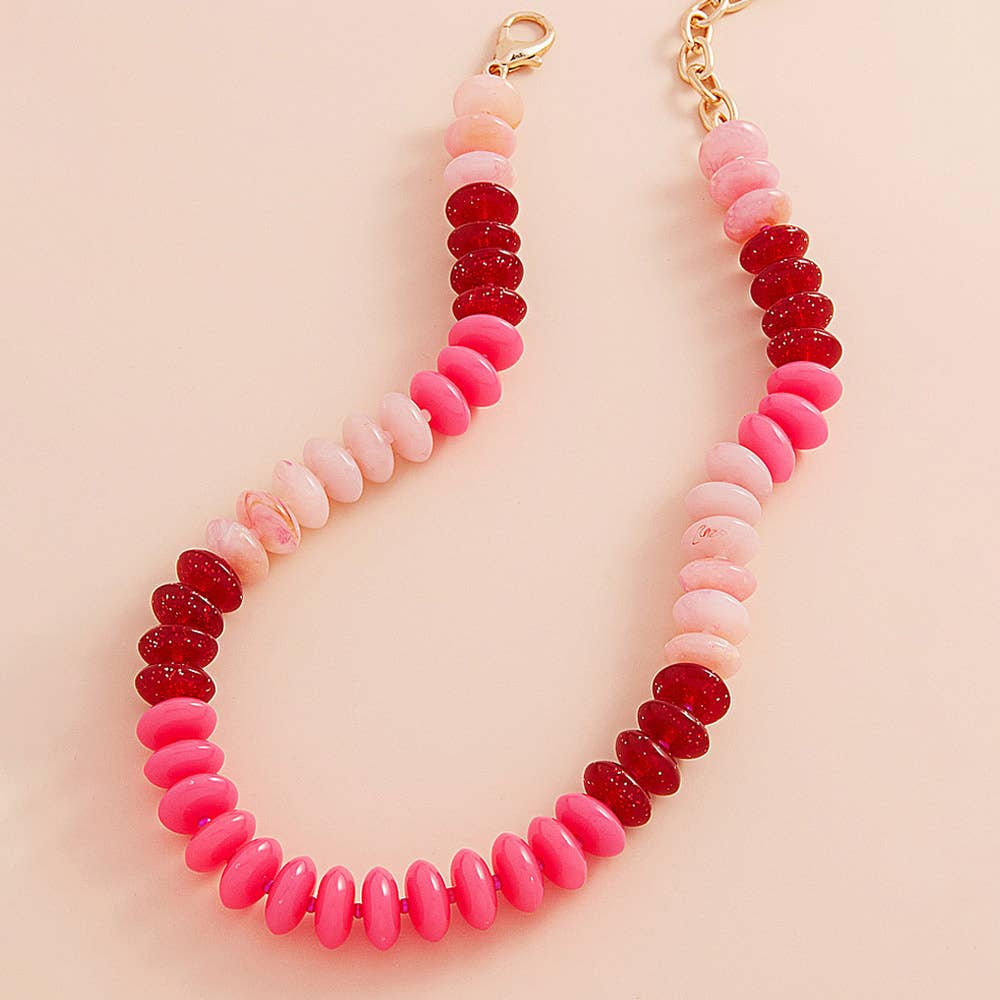 Ombre Oval Disk Beaded Necklace-Fuchsia