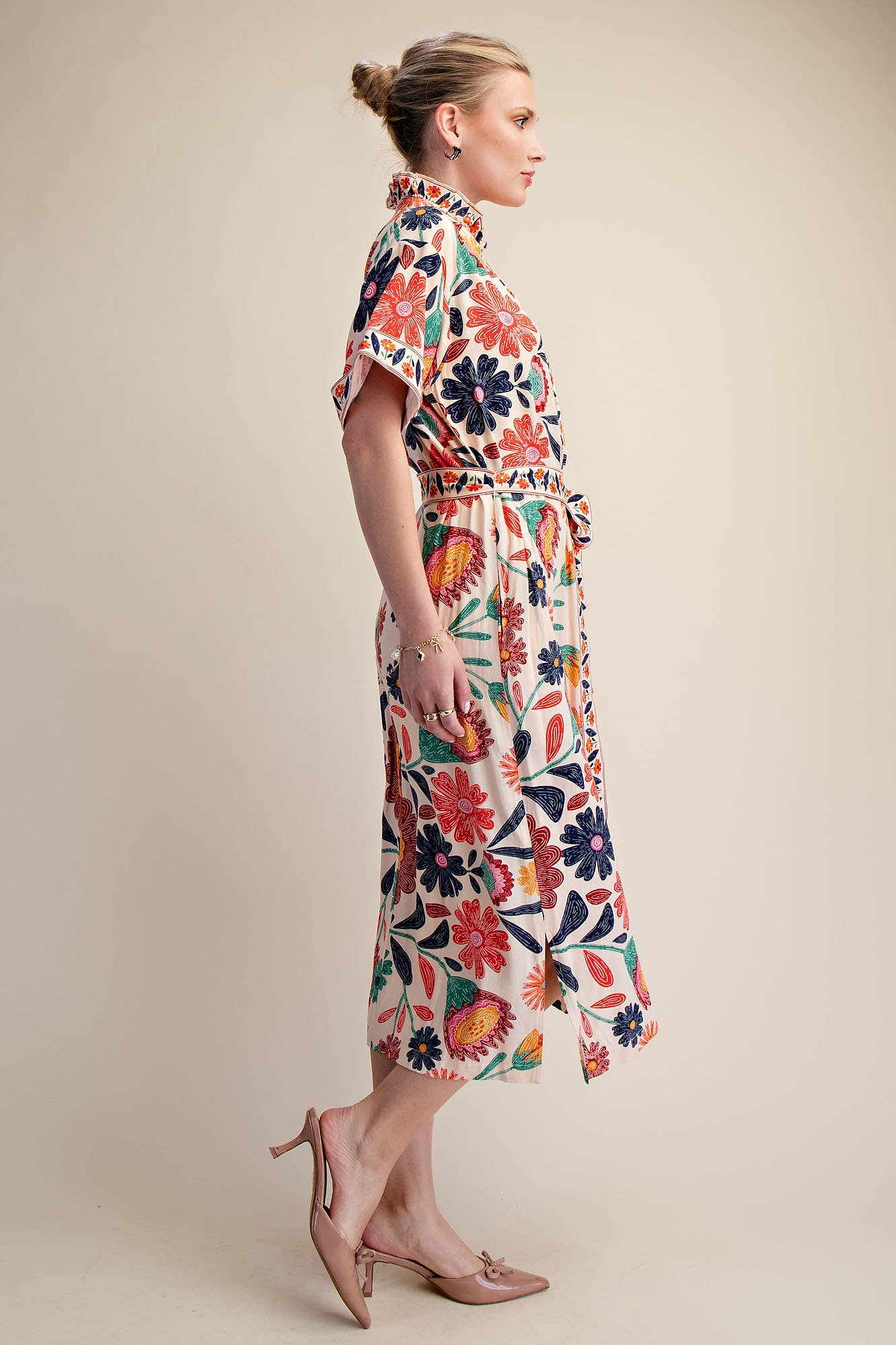 Garden Grace Tie Waist Midi Dress-Coral
