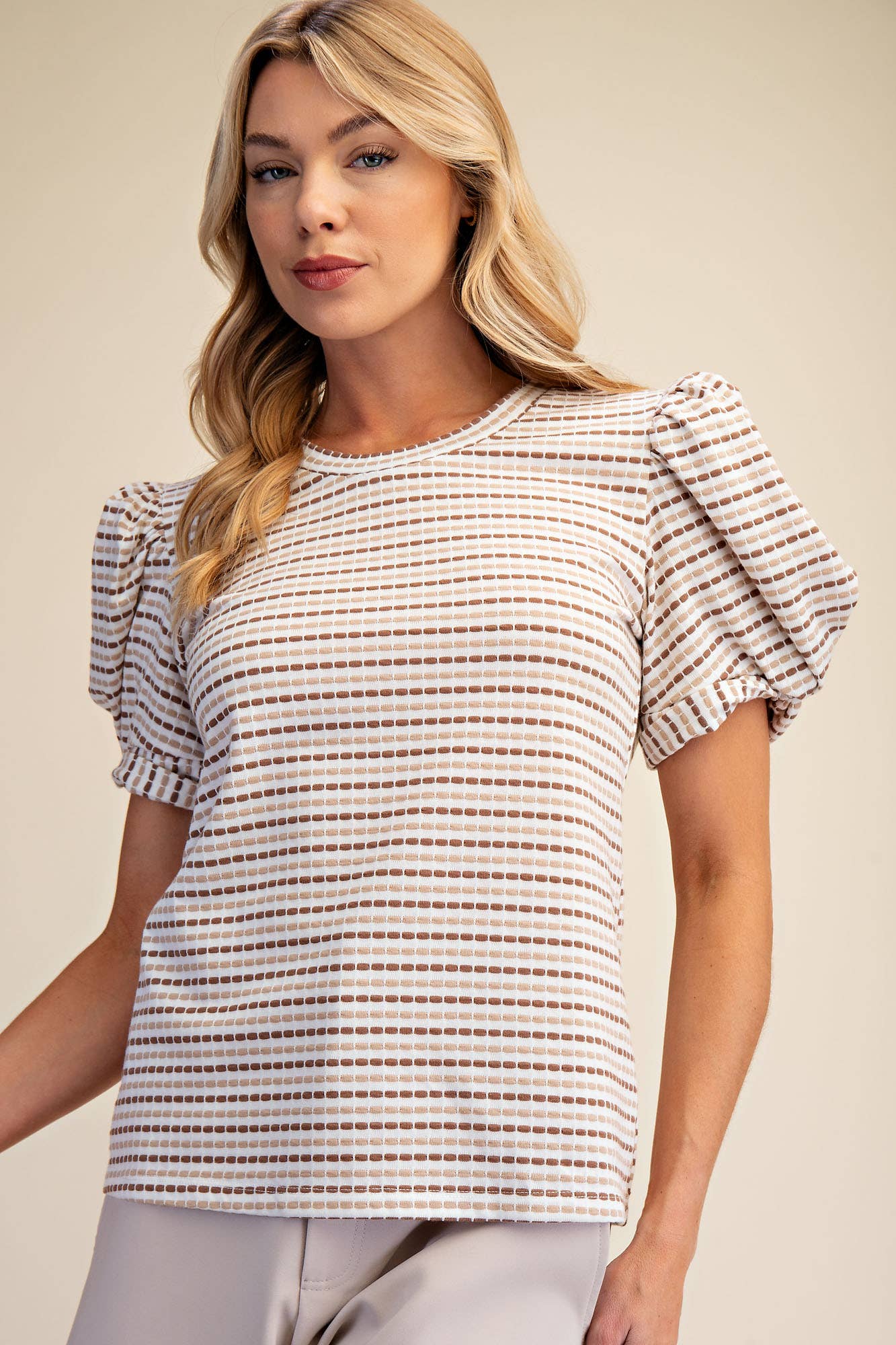 Sunny Stripe Puff Sleeve Top-Beige