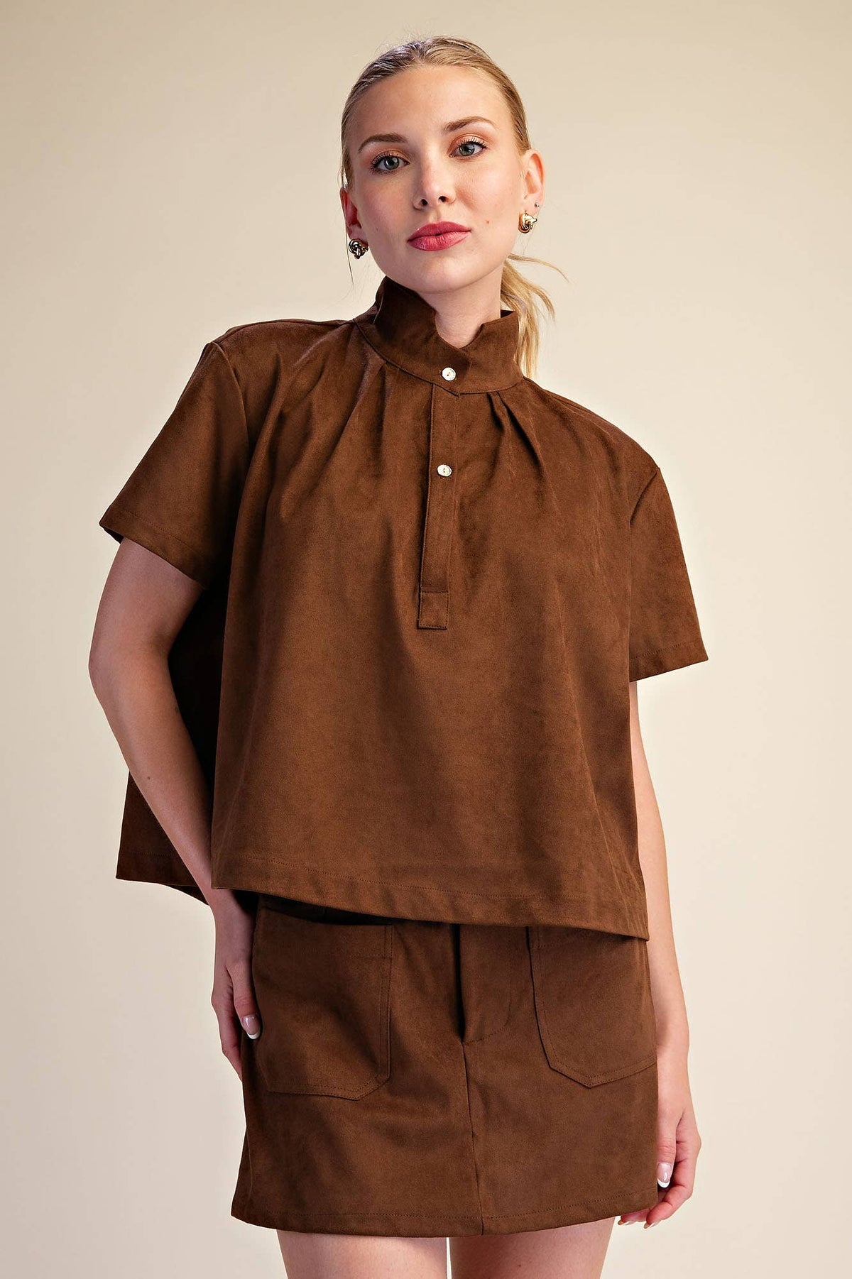 Lucille Stand Collar Top-Brown