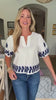 Cherry Blossom Embroidered Top-Off White/Navy